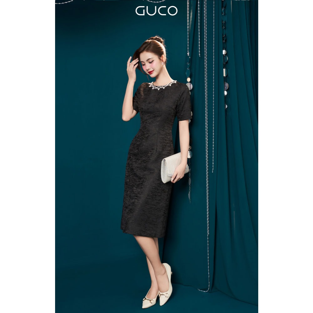 ĐẦM DỰ TIỆC TAFFTA GUCO CỔ TRÒN ĐÍNH NGỌC TRAI QUYẾN RŨ MỌI ÁNH NHÌN - ĐEN - 5025