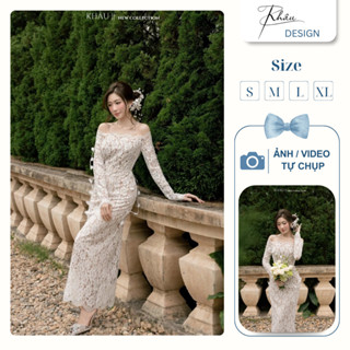  Váy Đi Bàn Đầm Nữ KHÂU Design Ren Hoa Trễ Vai Bẹt Hoa Đi Cưới Đi Tiệc - K823 