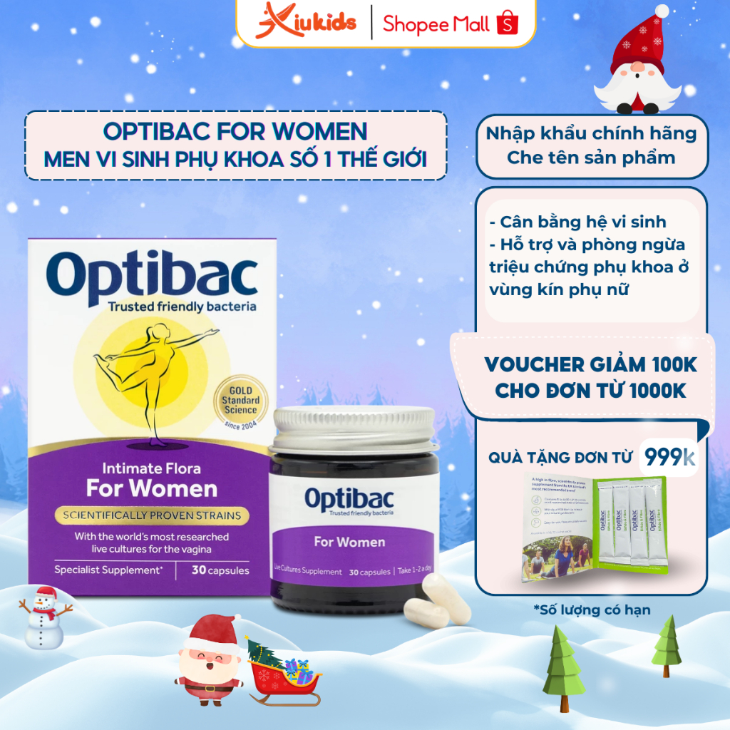  Optibac tím men vi sinh phụ khoa Optibac for Woman chăm sóc sức khỏe vùng kín hộp 30 viên 90 viên 