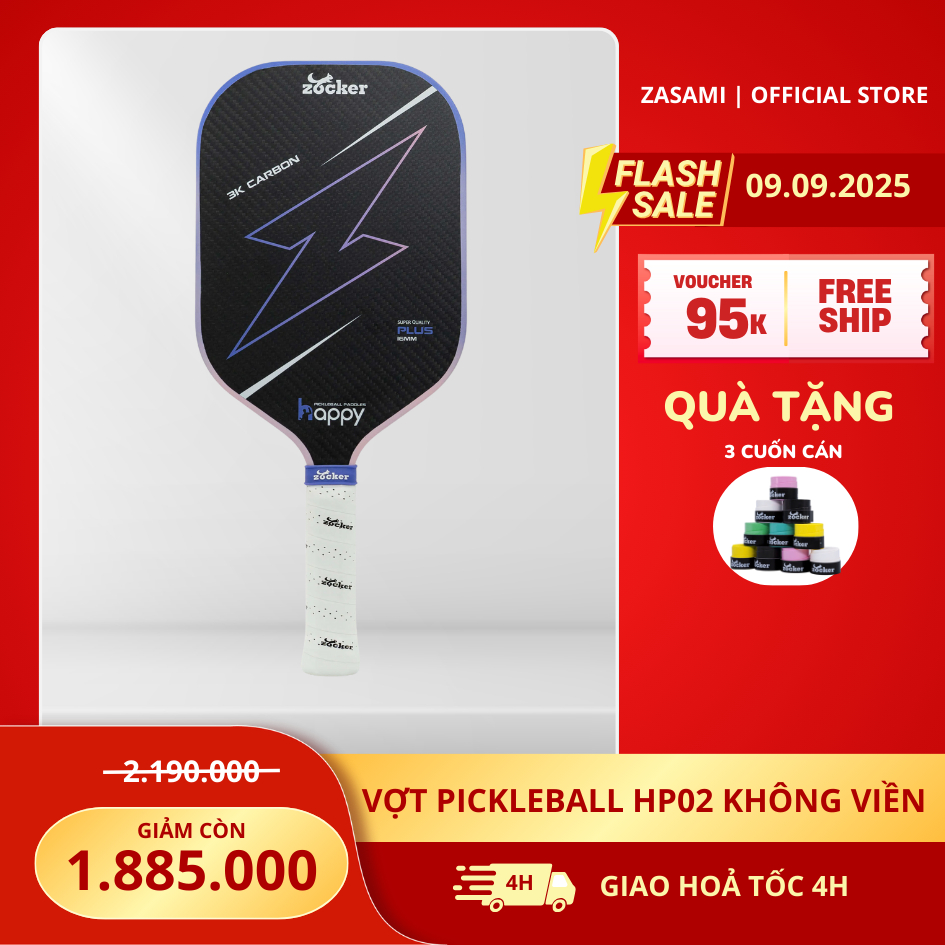 Vợt Pickleball Zocker HP02 Plus Không Viền, mặt 3K carbon,TẶNG 3 cuốn cán
