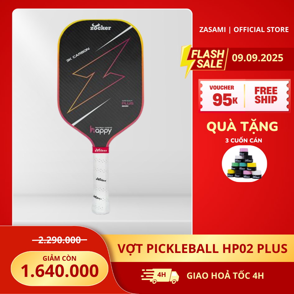 Vợt Pickleball Zocker Happy Super Quality Plus mặt 3K Carbon Fiber, Tặng 3 cuốn cán