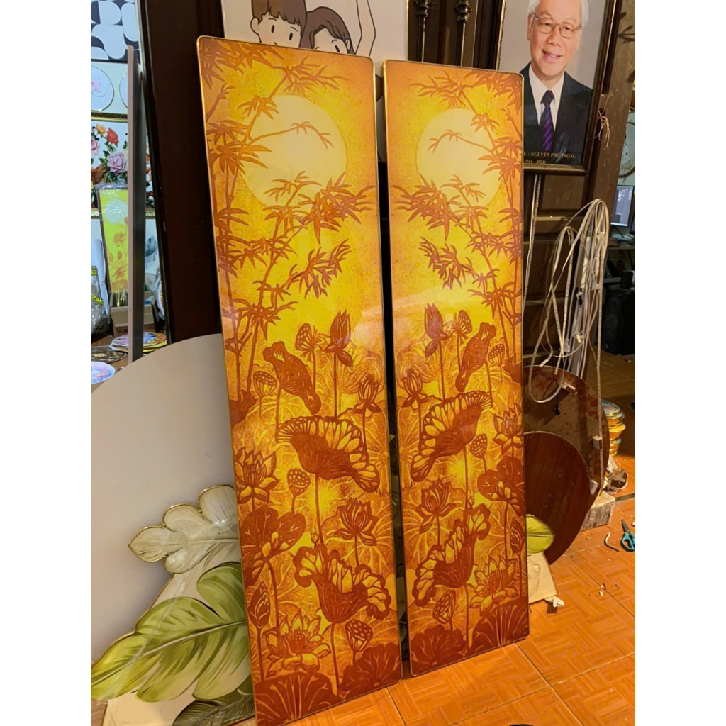 (Không Đèn) Tranh bộ tranh gỗ tráng gương in trúc chỉ bo viền trang trí phòng thờ, bàn thờ gia tiên