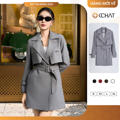 Áo Măng Tô 𝐂𝐂𝐇𝐀𝐓 Dáng Ngắn Fancy Kèm Đai Chất Tuytsi Cao Cấp Phong Cách Thanh Lịch 23MDS2009ST