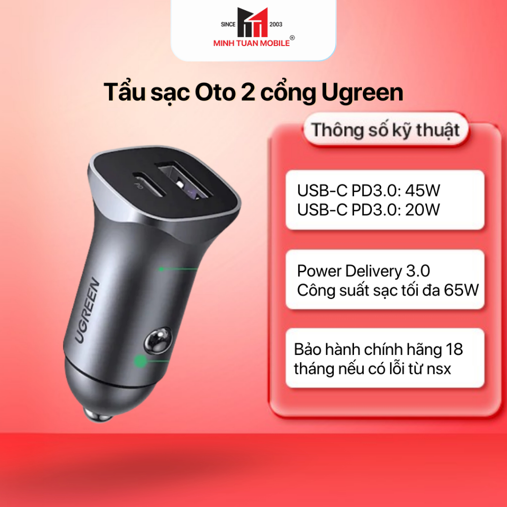 Tẩu sạc Oto 2 cổng Ugreen 30W PD/QC 3.0