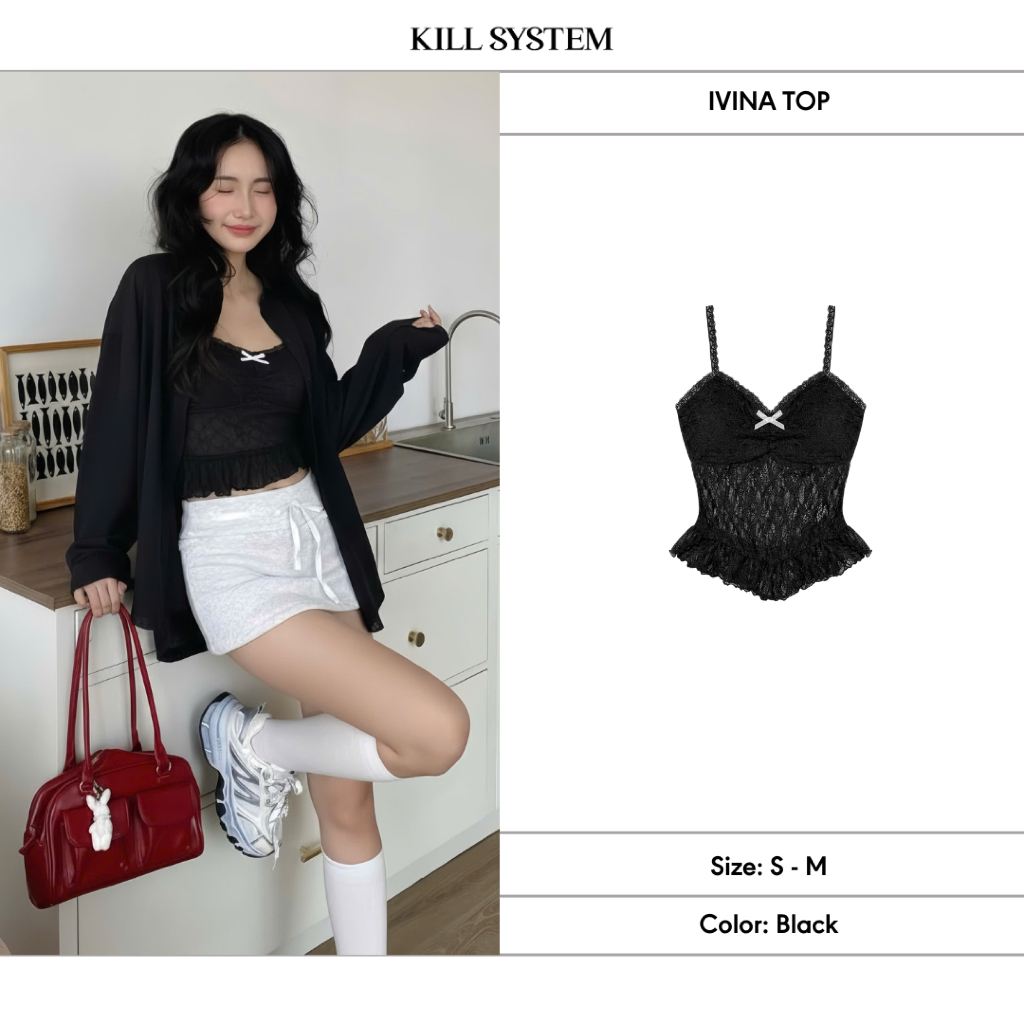 [GIẢM 30%] 𝐊𝐈𝐋𝐋 𝐒𝐘𝐒𝐓𝐄𝐌 - Áo 2 dây IVINA ren xuyên thấu thắt nơ ôm body