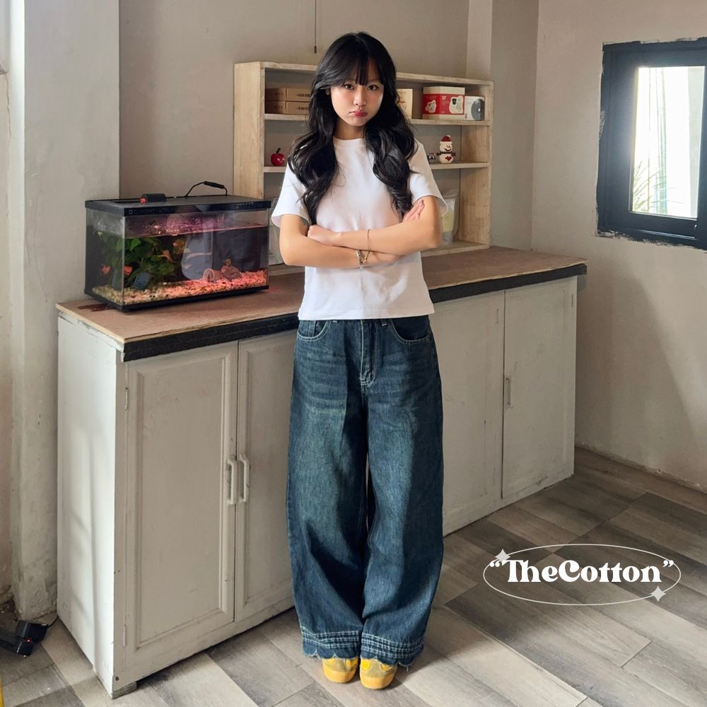Quần jeans ống rộng vải mềm mịn TheCotton quần bò ống suông viền gấu hoa | BigBuy360 - bigbuy360.vn
