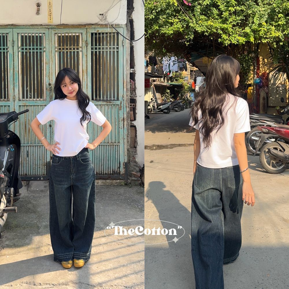 Quần jeans ống rộng vải mềm mịn TheCotton quần bò ống suông viền gấu hoa | BigBuy360 - bigbuy360.vn