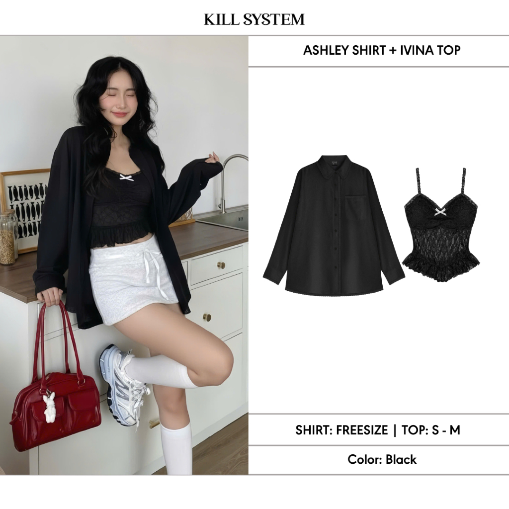 [GIẢM 45%] Áo sơ mi tay dài ASHLEY phối ren +  Áo 2 dây IVINA ren xuyên thấu thắt nơ