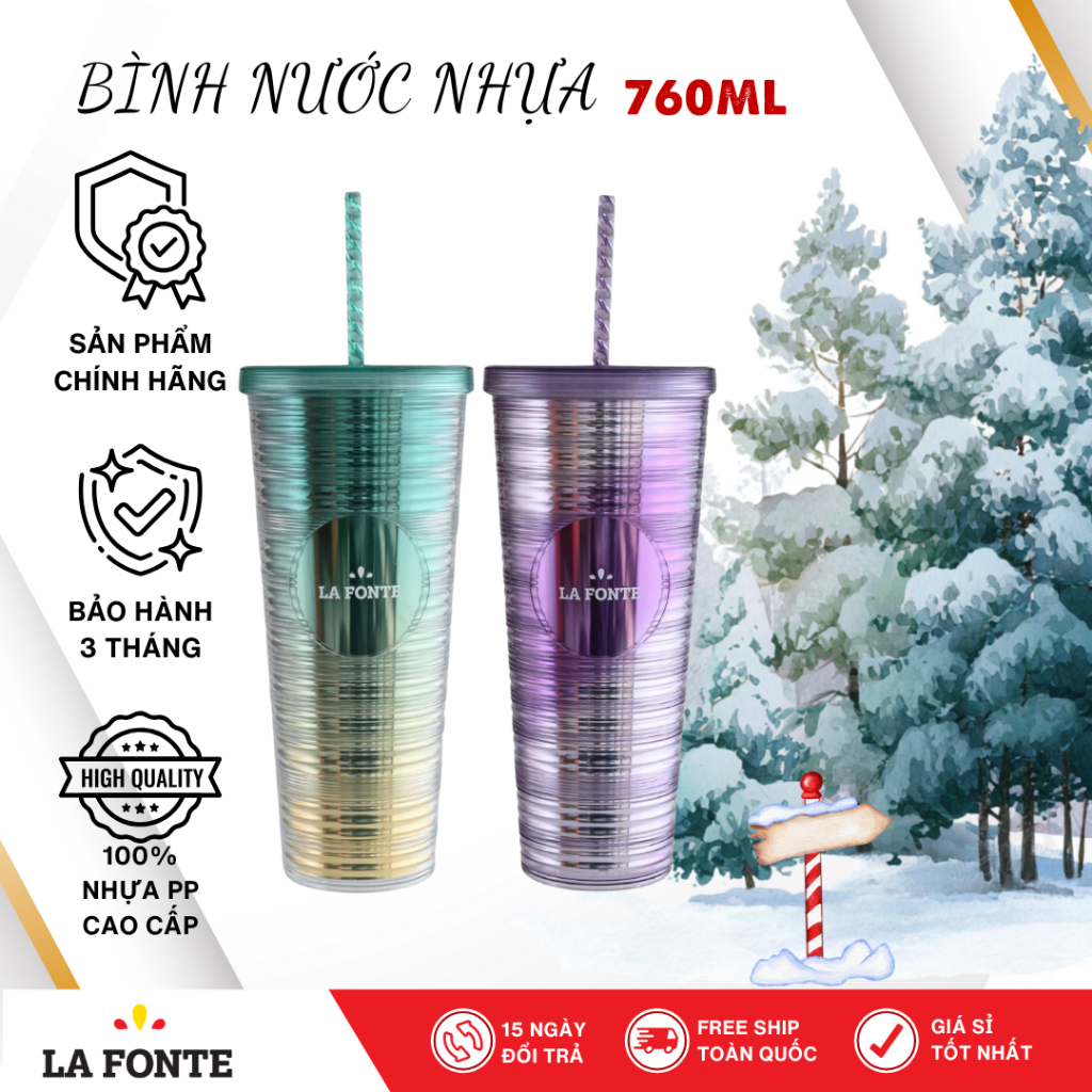 Ly nhựa đa sắc 2 lớp La Fonte 760ml kèm ống hút PETG, nhựa AS an toàn – 013222-GRE/PUR