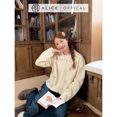 Áo Len Dệt Kim Cao Cấp Alice, Họa Tiết Hoa Nổi Cổ Bẻ Dáng Rộng Phong Cách Hàn Quốc A1033