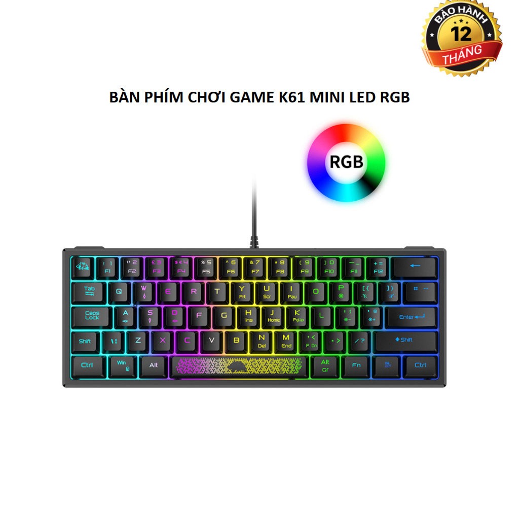 Bàn Phím Có Dây Chơi Game K61 Mini LED RGB - Keycap Đen Trắng, Nhỏ Gọn, Đa Năng Cho PC