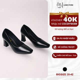  Giày Cao Gót Nữ Mũi Vuông LUME 14 Màu Đen Da PU Cao Cấp Đế Cao Su Non Chống Trơn Trượt Đế Cao 5cm - 7cm  GTVĐ  