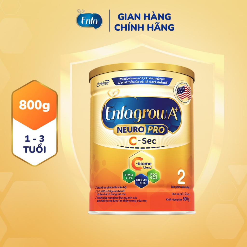 [Cho cả trẻ sinh mổ] Sữa bột Enfagrow A+ NeuroPro 2 C-Sec 800g cho trẻ từ 1-3 tuổi