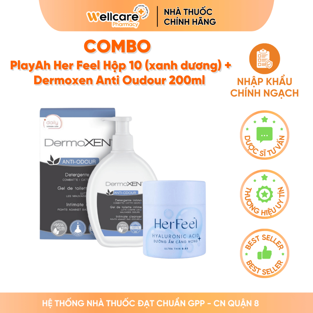 Combo PlayAh Her Feel Hộp 10 (xanh dương) + Dermoxen Anti Oudour 200ml