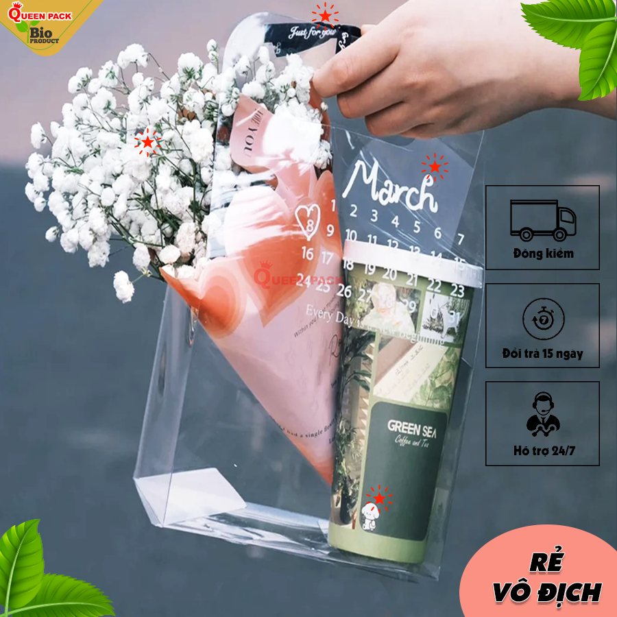 Túi Mica Trong In Hình Lịch 18x27x11cm Có Quai ,Túi Đựng Quà, Túi Sự Kiện Queen Pack