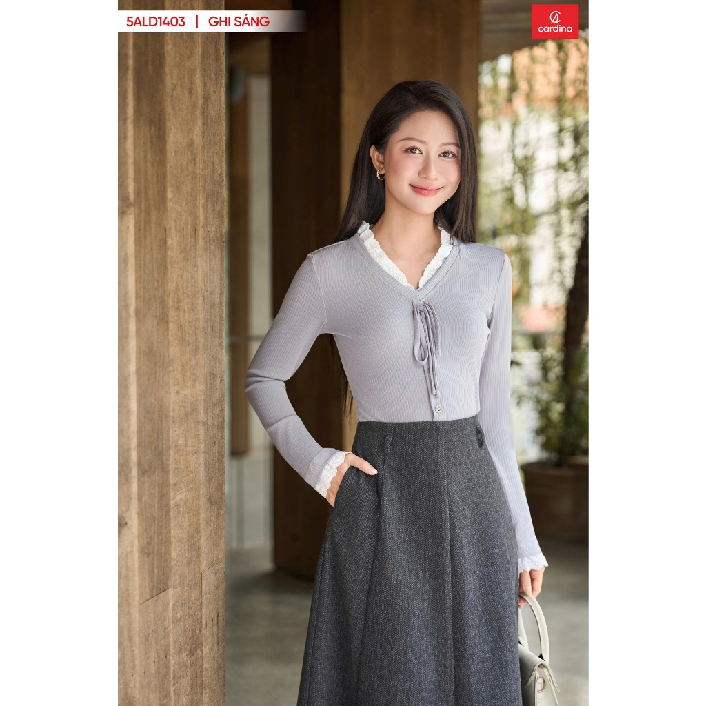 Áo len nữ, áo len tăm CARDINA dài tay dáng ôm phối cổ tim ren bèo tạo điểm nhấn nữ tính, thời trang 