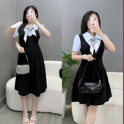 Đầm Thiết Kế Bigsize Nữ Cổ Sơ Mi Tay Ngắn Phối Khăn Lụa May Liền Thanh Lịch Cho Chubby A690+A691