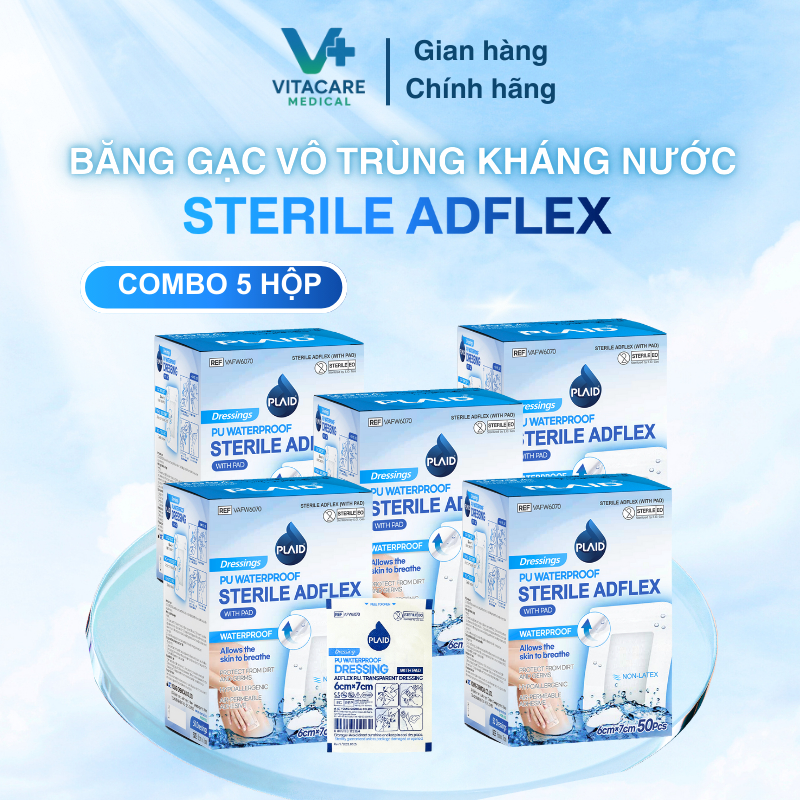 Combo 5 hộp băng gạc vô trùng không thấm nước Sterile Adflex - Ngăn nước xâm nhập, bảo vệ vết thương