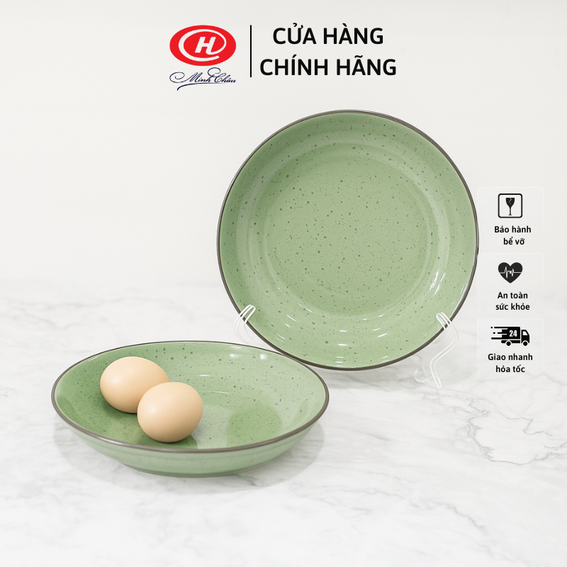 Đĩa sứ sâu lòng màu xanh lá men muối tiêu kiểu Nhật DHS08 XL - Sứ Minh Châu HC