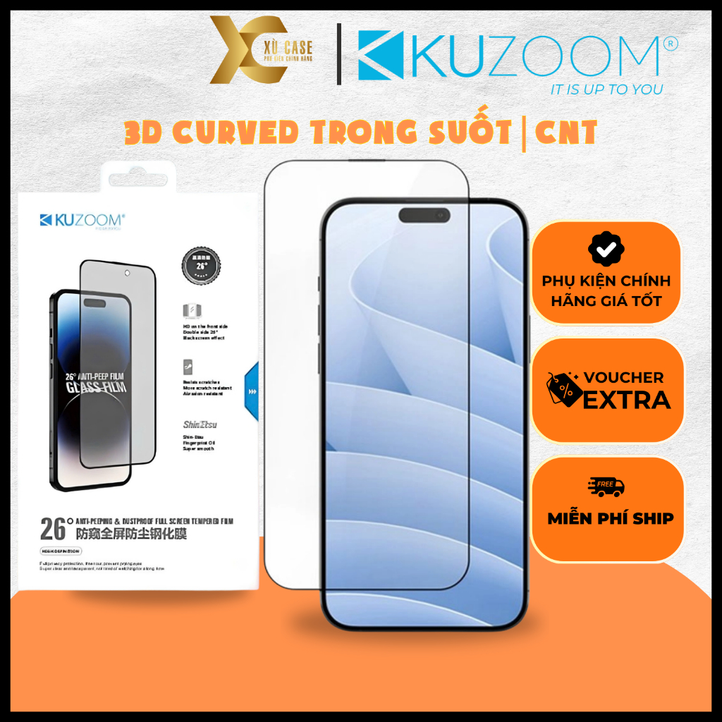 [ KHÔNG LẸM 3D ] Cường lực Kuzoom 3D Curved Trong Suốt | CNT Cao Cấp Chính Hãng cho iP 17| 16| 15 Se