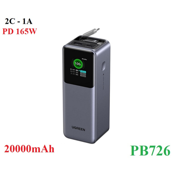 Sạc dự phòng Nexode PD 165W dung lượng 20000mAh Ugreen PB726/55987B cao cấp (cáp rút liền)