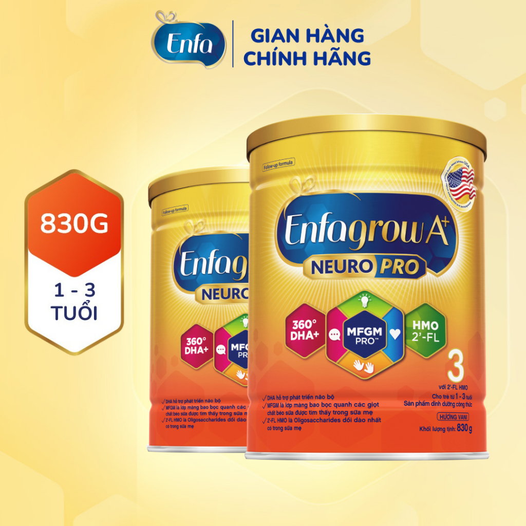 Bộ 2 lon sữa bột Enfagrow A+ Neuropro 3 với DHA giúp phát triển não bộ cho trẻ từ 1-3 tuổi – 830g/lon