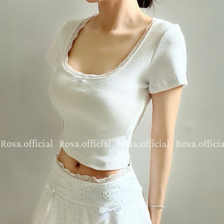 Áo Thun TAY NGẮN Cổ vuông Viền Ren, Form Croptop Rosa
