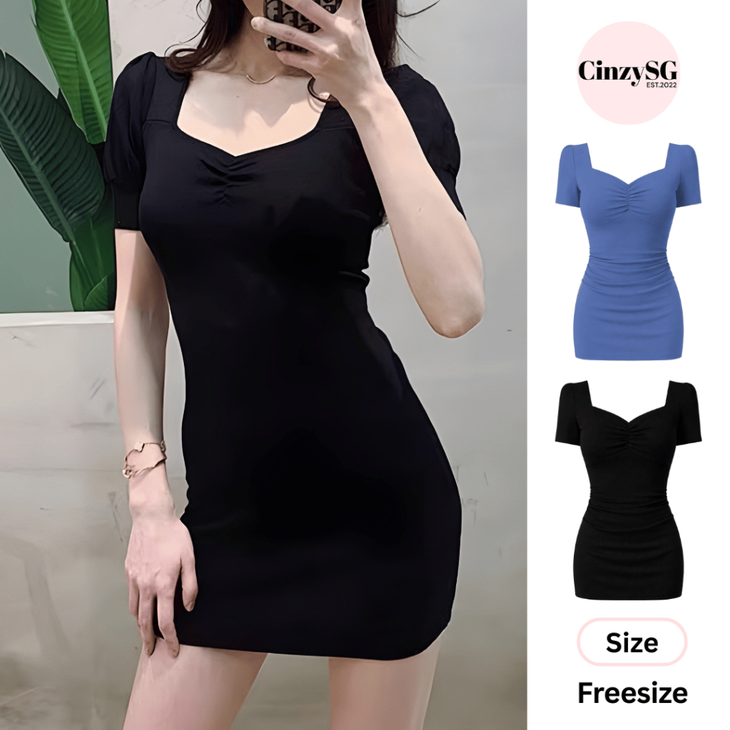 Váy Body Nữ Phồng Tay Ngắn Dáng Ôm - Đầm Chất Len Gân Co Giãn Thoáng Mát Dài 80cm CinZy SG