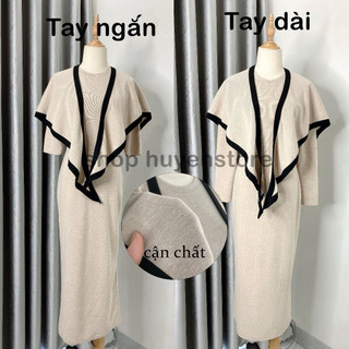  Đầm Body len lông thỏ kèm khăn Basic Cổ Tròn Dài Qua Gối Tôn Dáng 