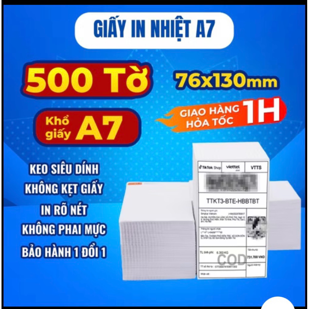 Giấy In Nhiệt A7 76x130mm – Tập 500 Tờ – Tem Đơn TMĐT Shopee Lazada Tiki – Dán Sẵn Keo
