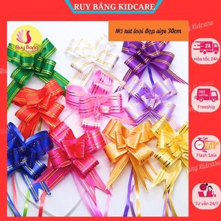 Set 10c Nơ rút gói quà loại 1, Nơ rút trang trí quà tặng loại đẹp size 30 kẻ vàng, trái tim