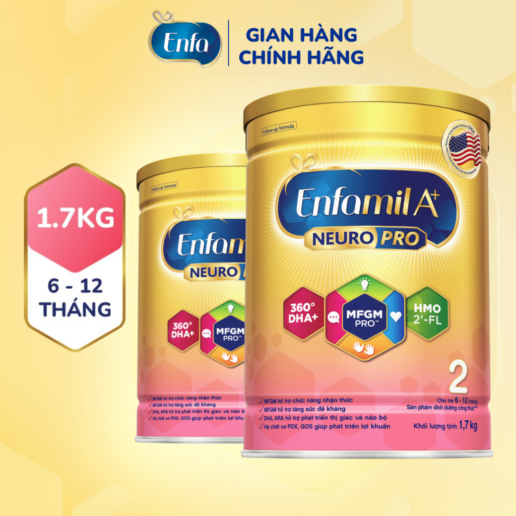 Bộ 2 lon sữa bột Enfamil A+ Neuropro 2 với DHA giúp phát triển não bộ cho trẻ từ 6 –12 tháng tuổi – 1.7kg/lon