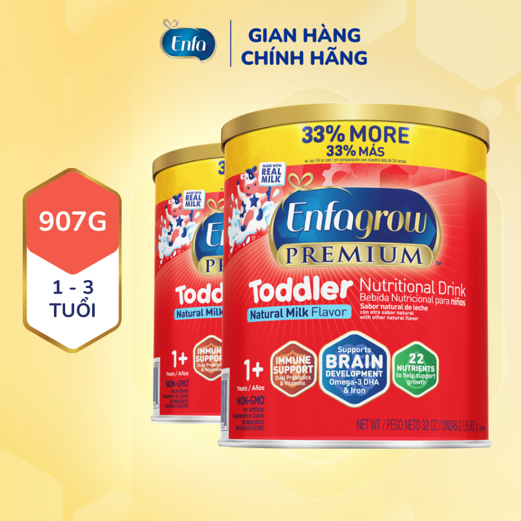 Bộ 2 sữa bột Enfagrow Premium Toddler hỗ trợ phát triển toàn diện cho trẻ từ 1-3 tuổi - 907g/lon