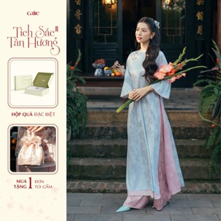  Tích sắc tân hương  Áo dài lụa xanh phối tà trong lụa hồng thiết kế thanh lịch sang trọng thời trang nữ Calie AD056 