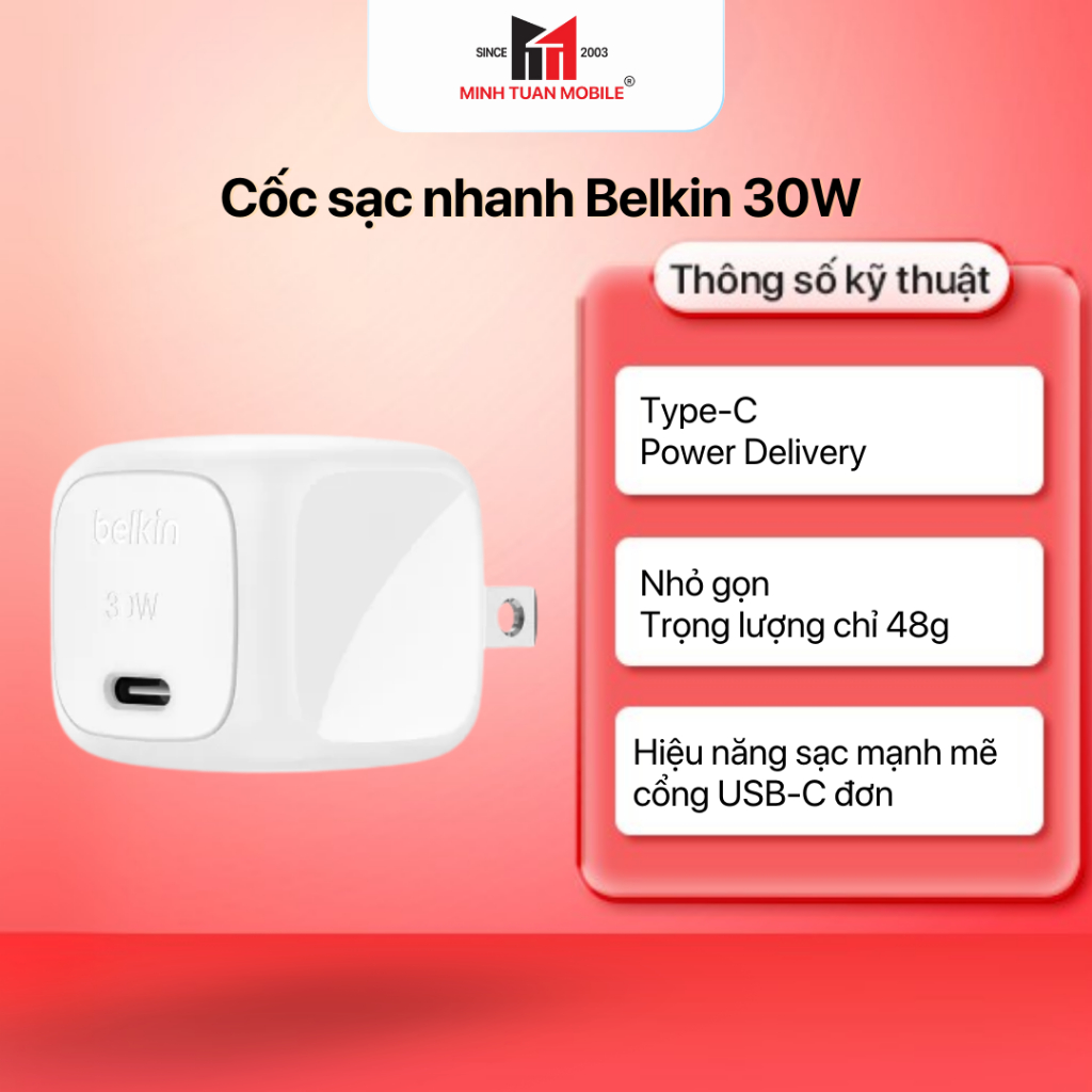 Cốc sạc nhanh Belkin 30W Type-C PD Wall Charger WCA008QCWH