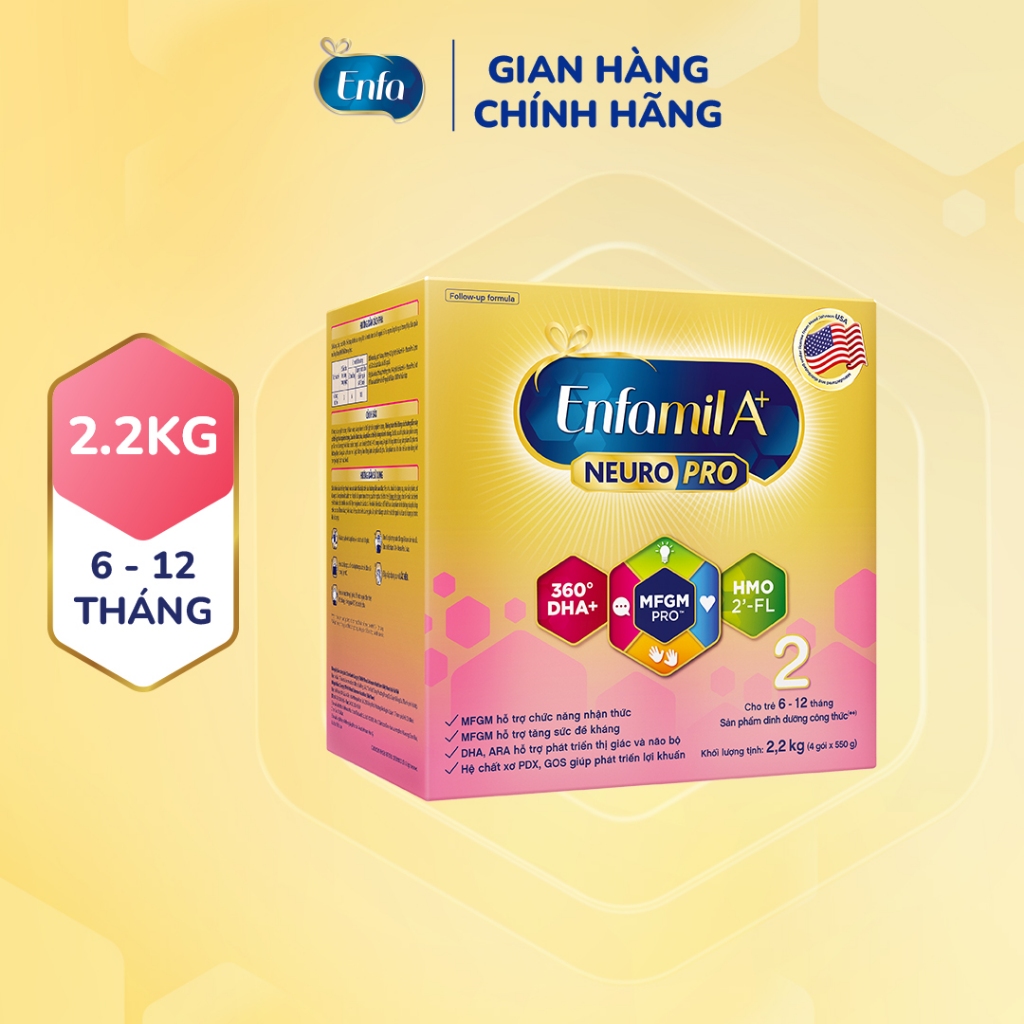 Sữa bột Enfamil A+ Neuropro 2 2.2kg với DHA giúp phát triển não bộ cho trẻ từ 6 –12 tháng tuổi
