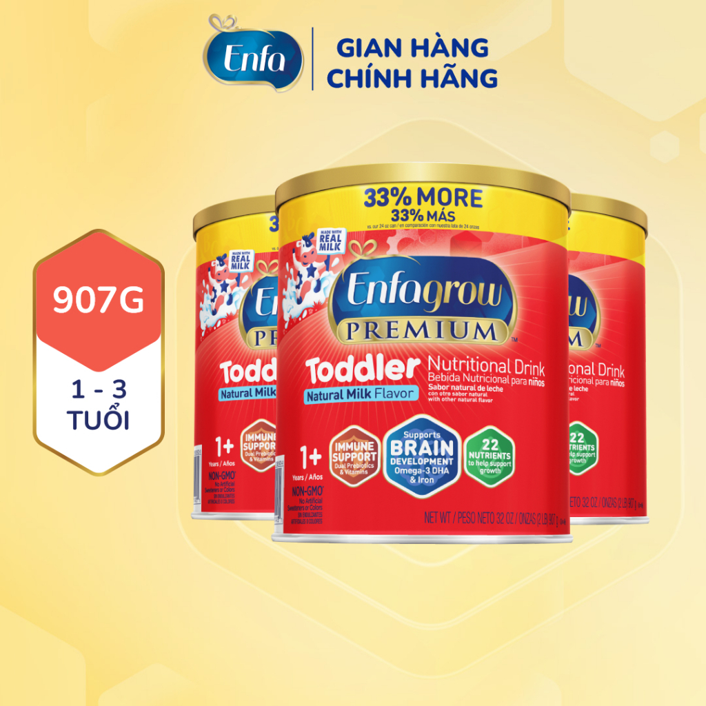 Bộ 3 sữa bột Enfagrow Premium Toddler hỗ trợ phát triển toàn diện cho trẻ từ 1-3 tuổi - 907g/lon