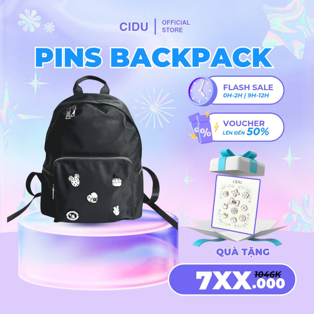 Balo vải dù Cidu Cute Pins Backpack- Độc quyền tại Cidu VN