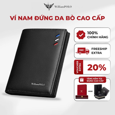 Ví nam đứng da họa tiết đơn giản WILLIAMPOLO chính hãng, bóp nam cao cấp kèm hộp và túi POLO181368-A