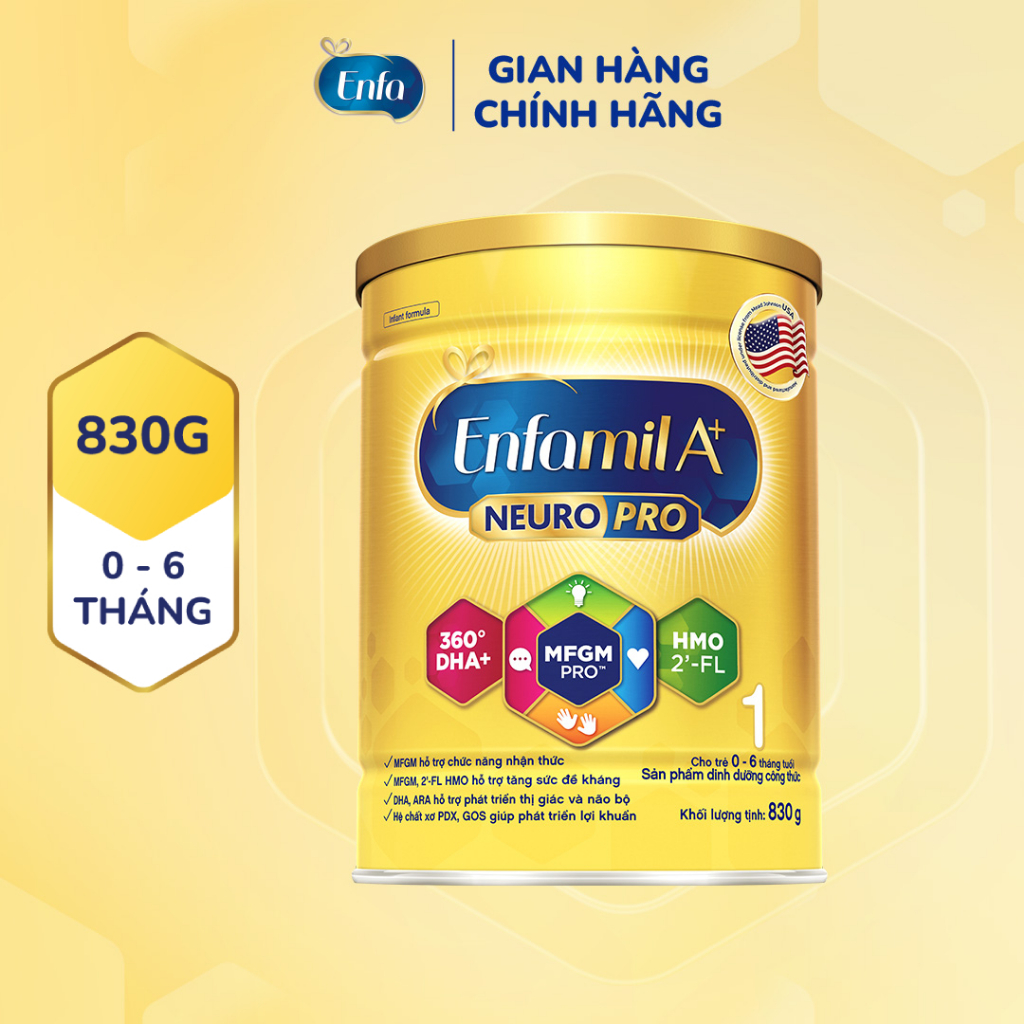 Sữa bột Enfamil A+ Neuropro 1 830g với DHA giúp phát triển não bộ cho trẻ từ 0-6 tháng tuổi