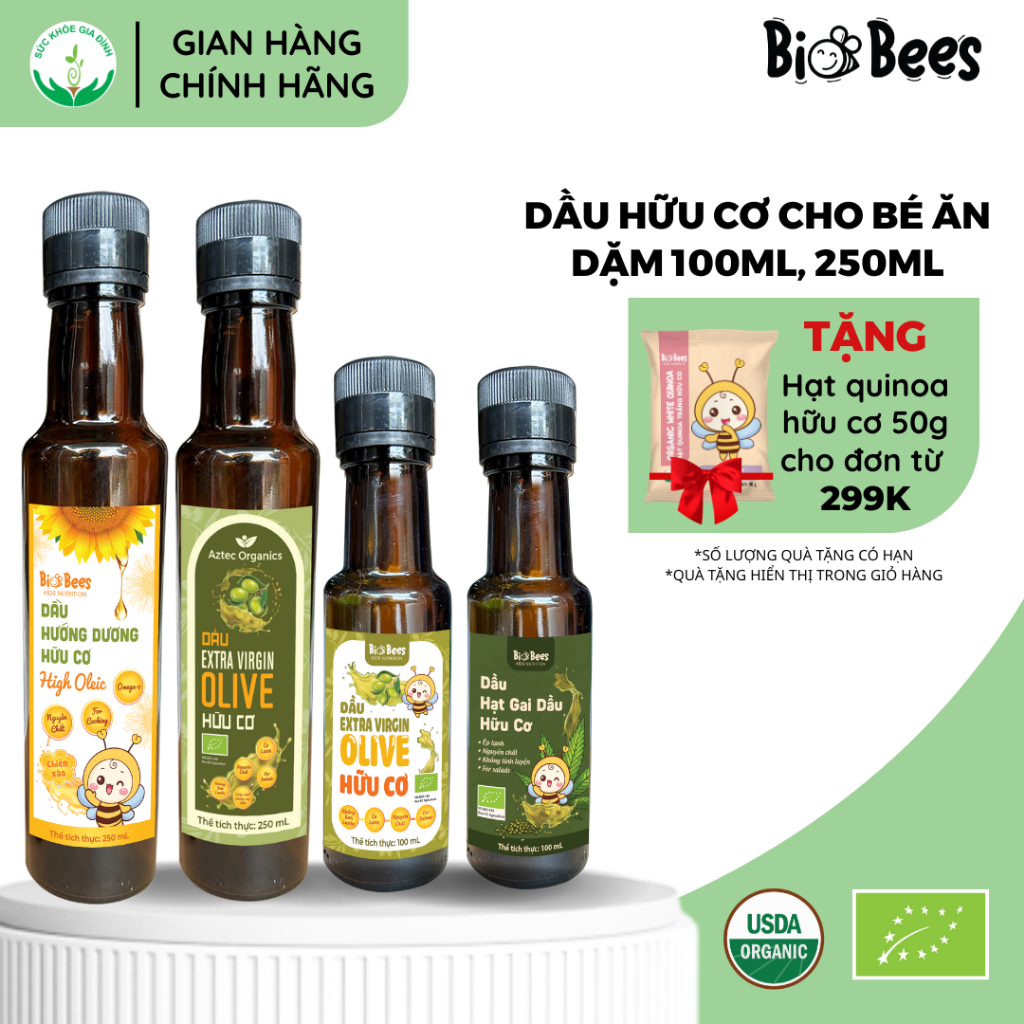Dầu Ăn Dặm Hữu Cơ BioBees Aztec Organic Cho Bé Từ 6 Tháng,Dầu Olive-Gai Dầu- Hướng Dương Bổ Sung Ome