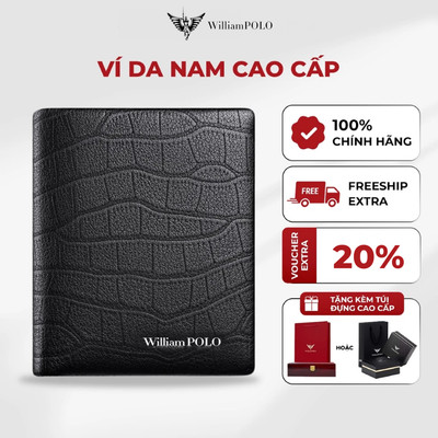 Ví da nam họa tiết vân nổi WILLIAMPOLO chính hãng, bóp nam cao cấp kèm hộp và túi POLO181393-D