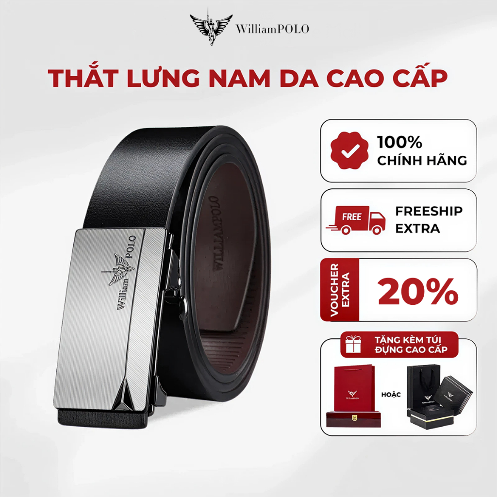 Thắt lưng nam mặt nhám bạc khóa tự động Williampolo, dây nịt nam chất liệu da bò cao cấp