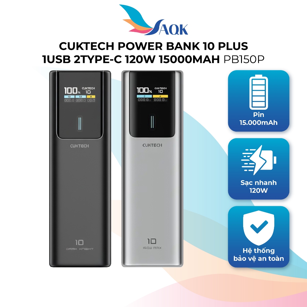 Sạc dự phòng Cuktech Power Bank 10 Plus 1USB 2Type-C 120W 15000mAh PB150P - Hàng chính hãng