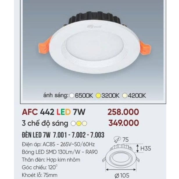 [CHÍNH HÃNG] ĐÈN LED ÂM TRẦN CAO CẤP ANFACO AFC442 7W - 9W - 12W