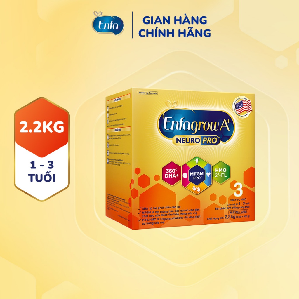 Sữa bột Enfagrow A+ Neuropro 3 2.2kg với DHA giúp phát triển não bộ cho trẻ từ 1-3 tuổi