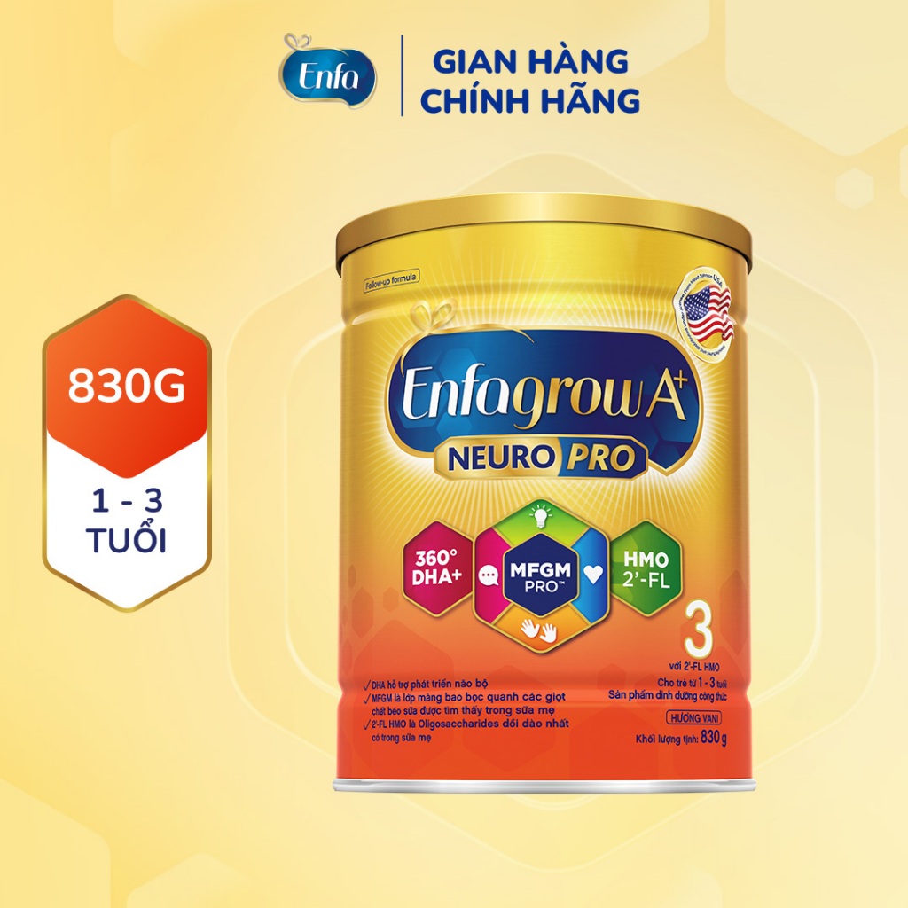 Sữa Bột Enfagrow A+ Neuropro 3 830g với DHA giúp phát triển não bộ cho trẻ từ 1-3 tuổi