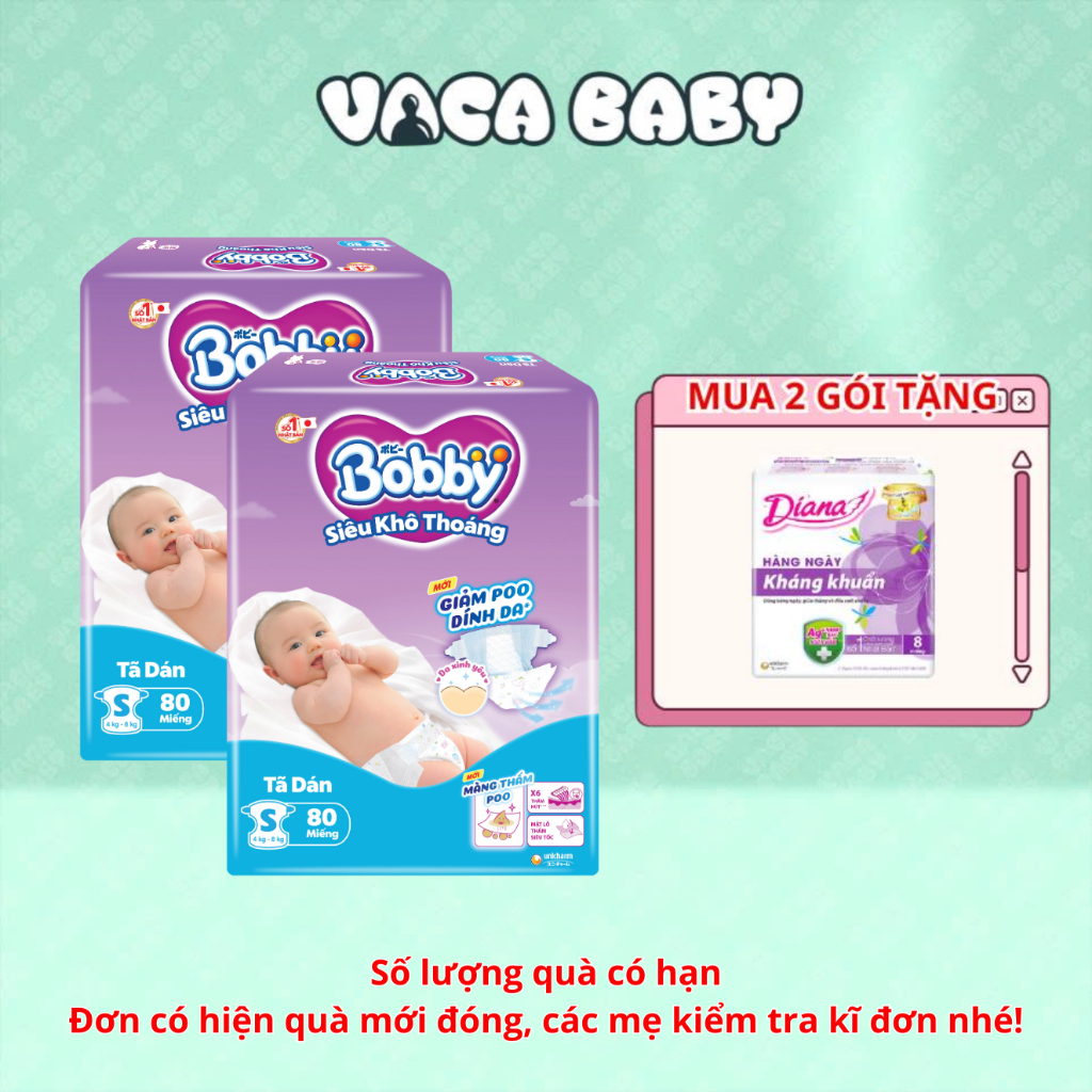 Combo 2 Gói Tã Bỉm Dán Bobby S80/M76/L68/XL62/XXL56 mới- Lõi nén cotton-soft 3mm