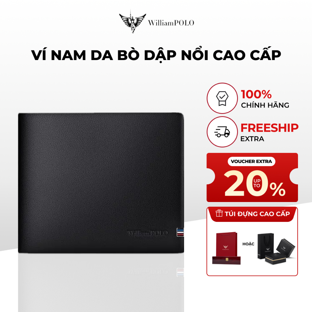 [Quà tặng cao cấp] Ví nam da bò dập nổi cao cấp Williampolo hàng hiệu sang trọng dùng làm quà tặng