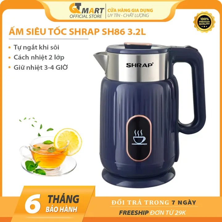 Ấm Siêu Tốc Mẫu Mới SHRAP SH-86 Dung Tích 2L Có 2 Lớp Cách Nhiệt Công Suất 1500W Thân Chống Bỏng  Ngắt Khi Sôi_ST5